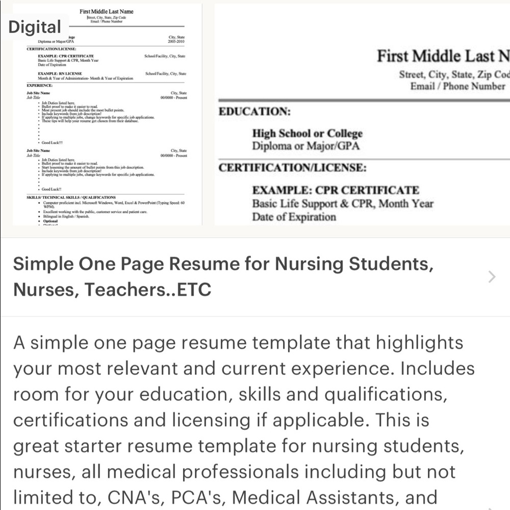 Simple One Page Resume. Medical Professionals